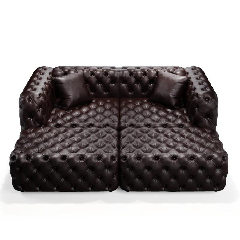 Modern Faux Leather Modular Sofa with Button Tufting and 2 Ottomans, Elegant Sectional Couch for Living Room, 77'' L x 36.5" W x 29" H, Dark Brown