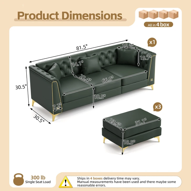Elegant 3-Seat Chesterfield Sofa with Button Tufting, Chic Faux Leather Couch with Metal Trim and 3 Pillows, 81.5'' L x 30.5" W x 30.5" H, Green
