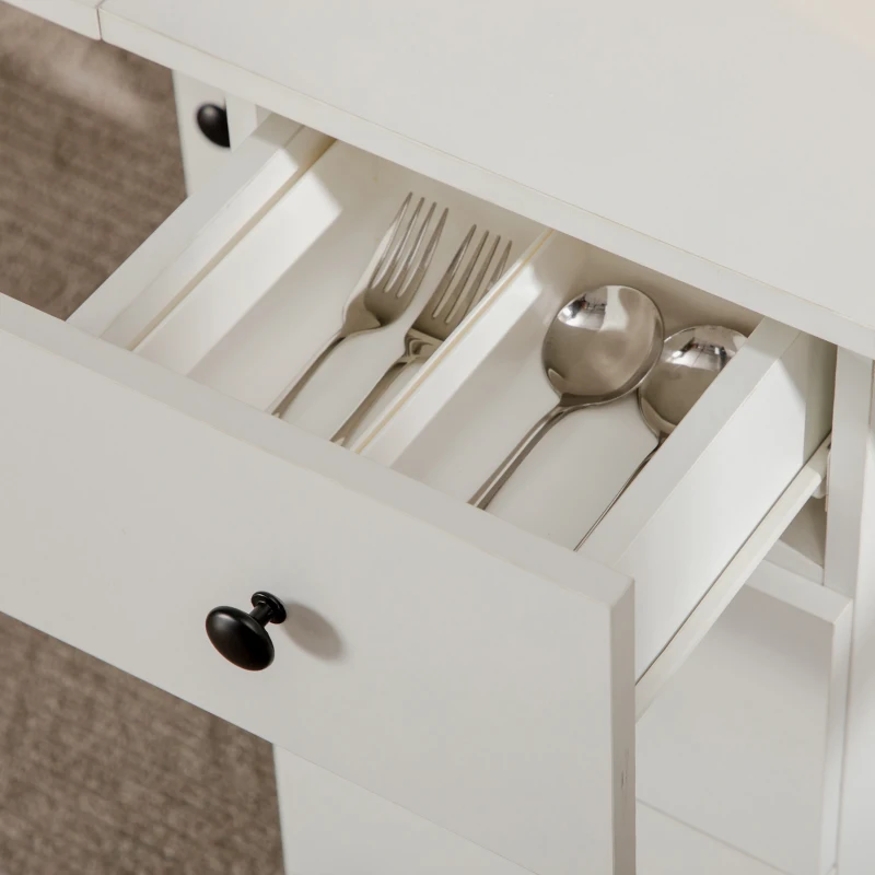 HOMCOM Foldable Dining Table, Rolling Kitchen Table with Storage Drawers and Cabinet, Drop Leaf Table on Wheels, White