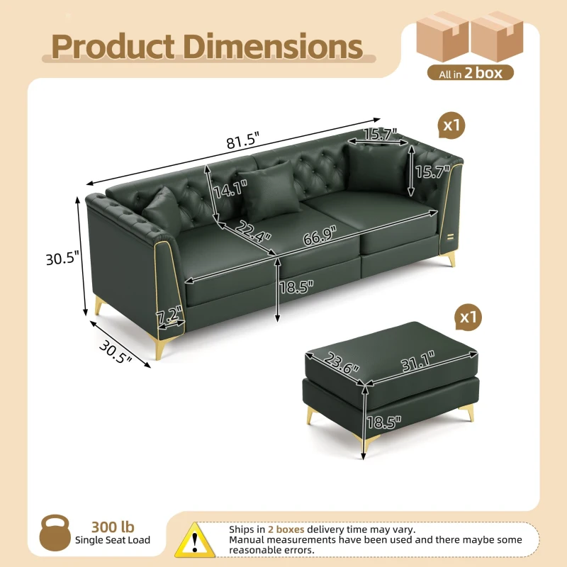Elegant 3-Seater Chesterfield Sofa with Button Tufting, Chic Faux Leather Couch with 3 Pillows and Ottoman, 81.5'' L x 30.5" W x 30.5" H, Green
