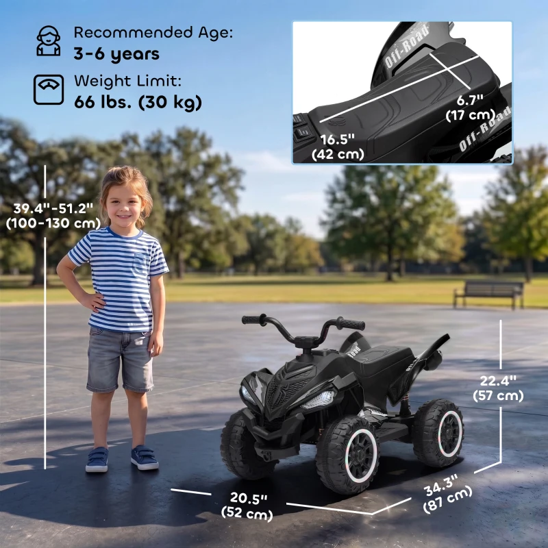 Qaba 12V Kids ATV with Dual Motors, Rear Suspension, 2.2 MPH Max, Light-Up Wheels, Music, Horn, Headlights for 3-6, Black