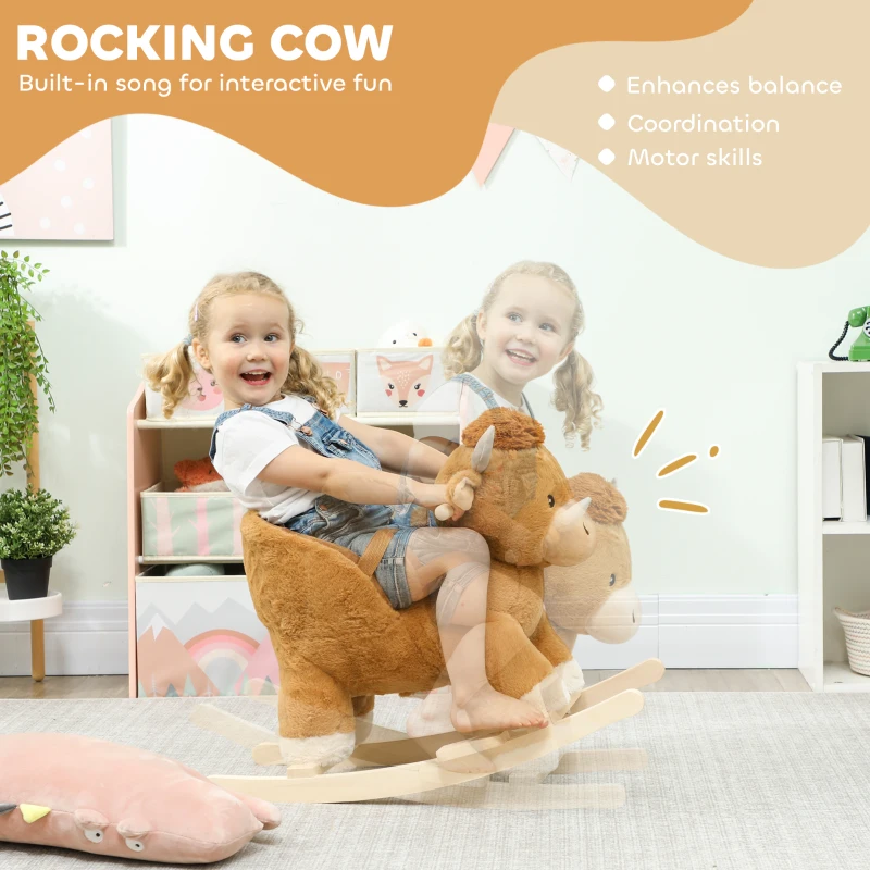 Qaba Baby Rocking Horse with Cute Cow Stuffed Plush, Music, Safety Belt, Wooden Rocking Horse for 1-3 Years, Brown
