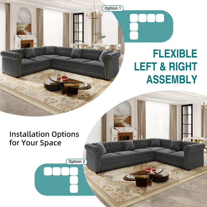 Elegant L-Shaped Sectional with Pull-Out Bed, Soft Velvet Sleeper Sofa with Tufting and Gold Trim, 115.5'' L x 87.5" W x 29" H, Dark Gray