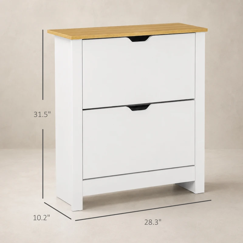 HOMCOM Slim Shoe Storage Cabinet, Shoe Cabinet with 2 Flip Drawers and Adjustable Dividers, Natural & White