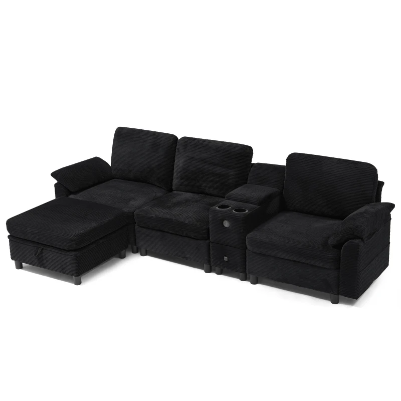Modern Modular Sectional with All-in-One Storage, Chic L-Shaped Sofa with Cup Holder and Liftable Ottoman, 108.5'' L x 56.5" W x 32" H, Black