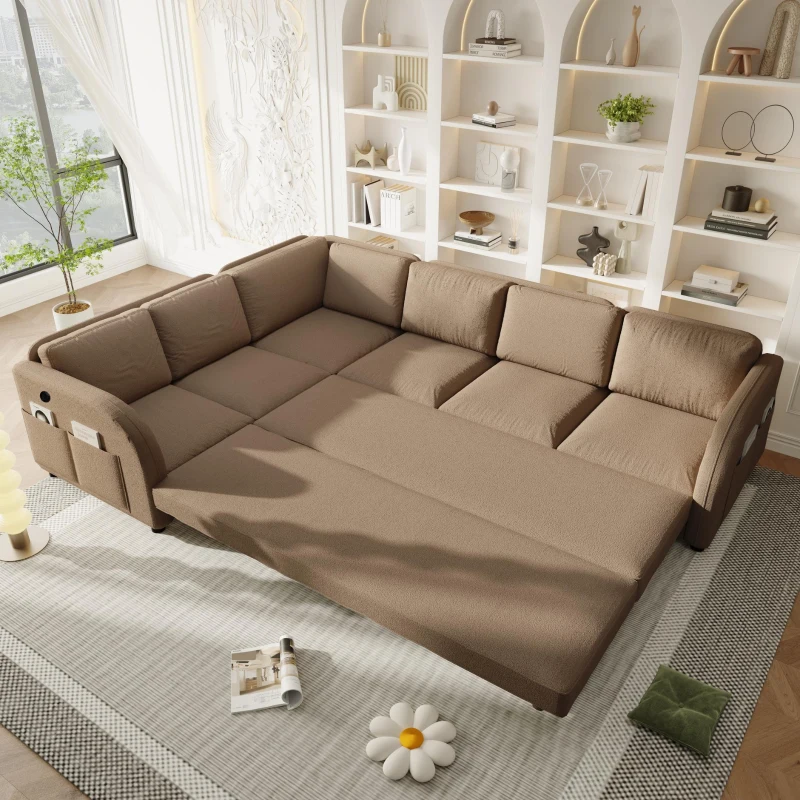 Modern L-Shaped Sectional with Pull-Out Bed, Chic Sleeper Couch with USB Port and Side Pocket, 115'' L x 83.5" W x 36.5" H, Brown