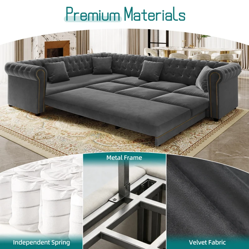 Elegant L-Shaped Sectional with Pull-Out Bed, Soft Velvet Sleeper Sofa with Tufting and Gold Trim, 115.5'' L x 87.5" W x 29" H, Dark Gray