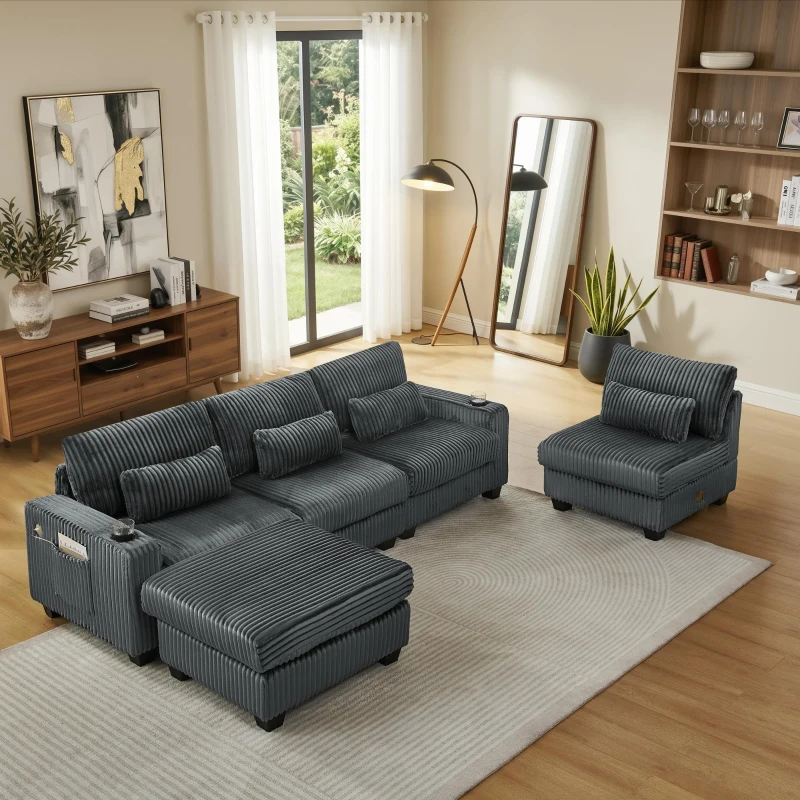 Smart Corduroy Modular Sectional Sofa with Detachable Footrest, Modern L-Shaped Couch for Living Room, 124.5'' L x 31.5"W x 30" H, Dark Gray