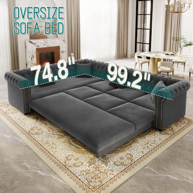 Elegant L-Shaped Sectional with Pull-Out Bed, Soft Velvet Sleeper Sofa with Tufting and Gold Trim, 115.5'' L x 87.5" W x 29" H, Dark Gray