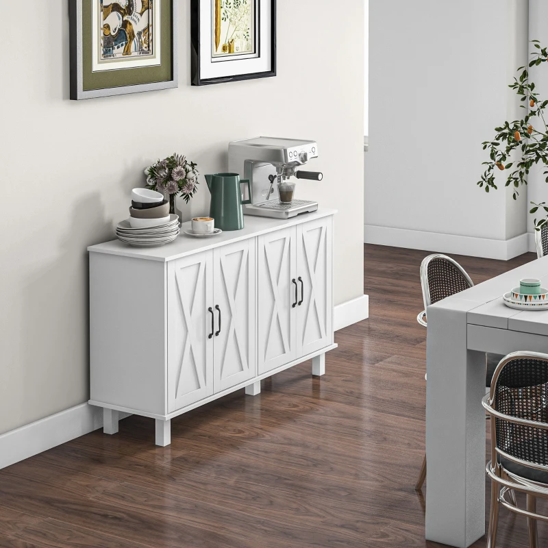 HOMCOM Kitchen Sideboard Cabinet with 4 Barn Doors and 2 Adjustable Shelves, Buffet Table for Living Room, Hallway, White