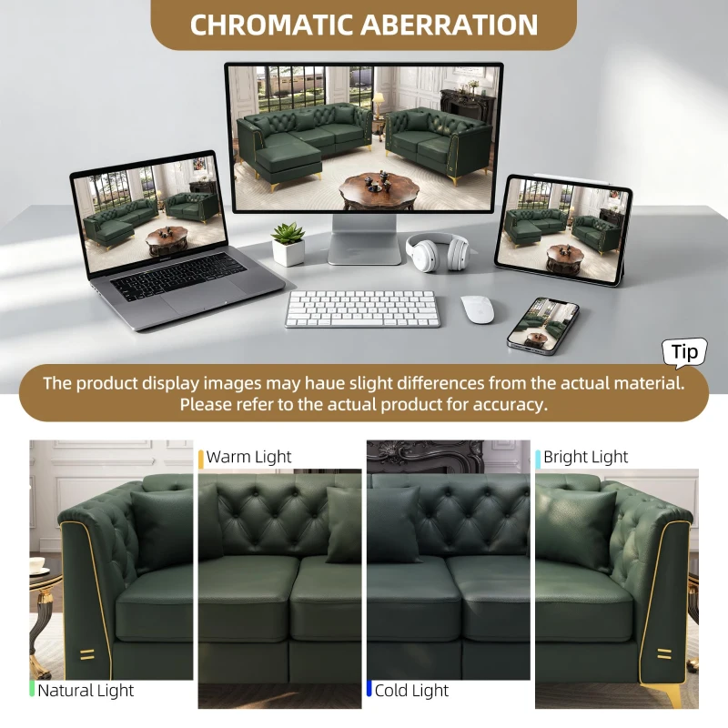 Elegant Modular Chesterfield Sofa Set with Button Tufting, Chic Faux Leather Couch with 6 Pillows, 81.5'' L x 30.5" W x 30.5" H, Green