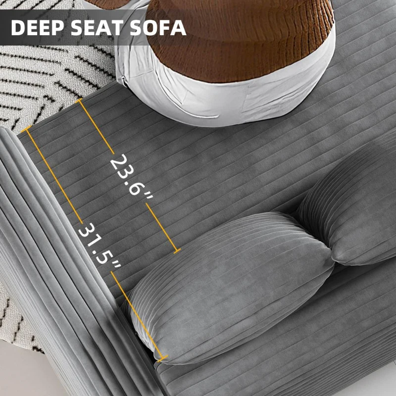 Cloud-Soft Corduroy 4-Seat Sofa with 2 Ottomans, Easy Convertible Lounge Chair for Apartment Office, 102.5'' L x 35.5"W x 25.5" H, Grey