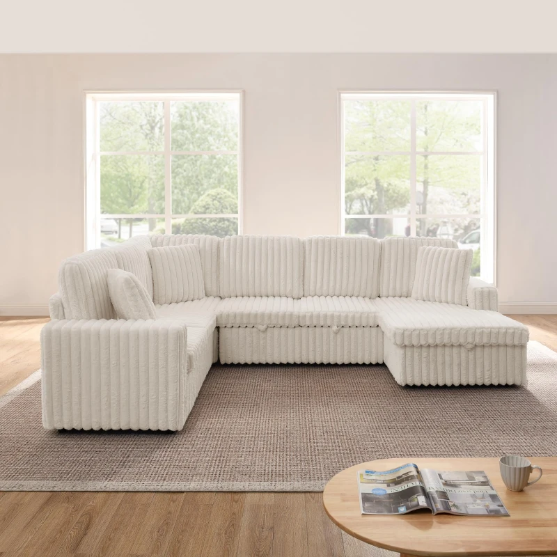 Cozy Striped Corduroy U-Shaped Sofa with Pull-Out Bed, Versatile Storage Chaise Couch for Living Room Bedroom, 114'' L x 90"W x 37" H, Beige