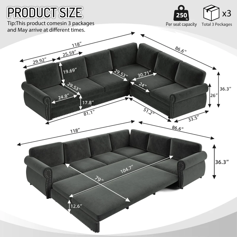 Modern L-Shaped Sectional with Pull-Out Bed, Chic Sleeper Couch with Nailhead Trim and Rolled Arms, 118'' L x 86.5" W x 36.5" H, Dark Grey