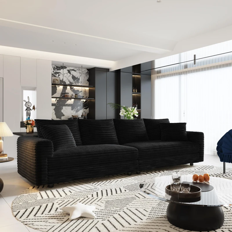 Dreamy Corduroy Cloud 4-Seat Sofa with 2 Ottomans, Handy Convertible Lounge Chair for Apartment Office, 102.5'' L x 35.5"W x 25.5" H, Black