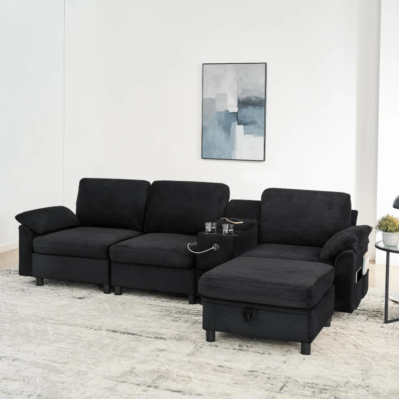 Modern Modular Sectional with All-in-One Storage, Chic L-Shaped Sofa with Cup Holder and Liftable Ottoman, 108.5'' L x 56.5" W x 32" H, Black