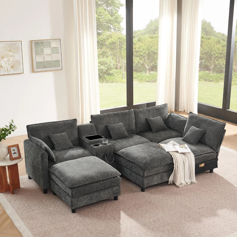 Cozy L-Shaped Sectional with Reversible Chaise and USB Port, Chic Sofa with Storage Drawer and Cup Holder, 137'' L x 58" W x 31" H, Dark Gray