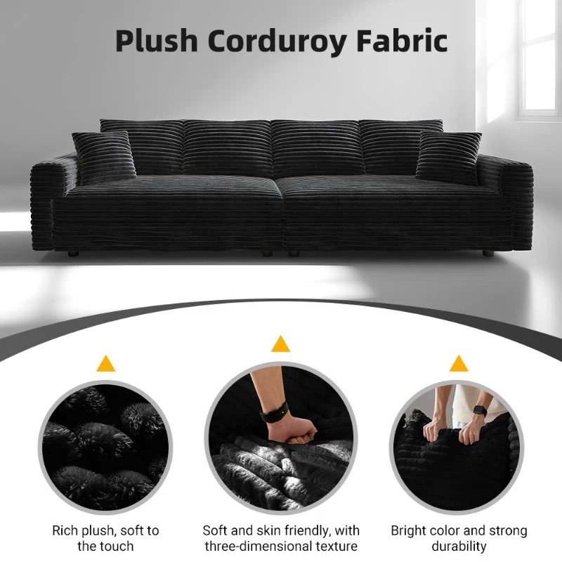 Cozy Corduroy Cloud 4-Seat Sofa with 3 Ottomans, Handy Convertible Lounge Chair for Apartment Office, 102.5'' L x 35.5"W x 25.5" H, Black
