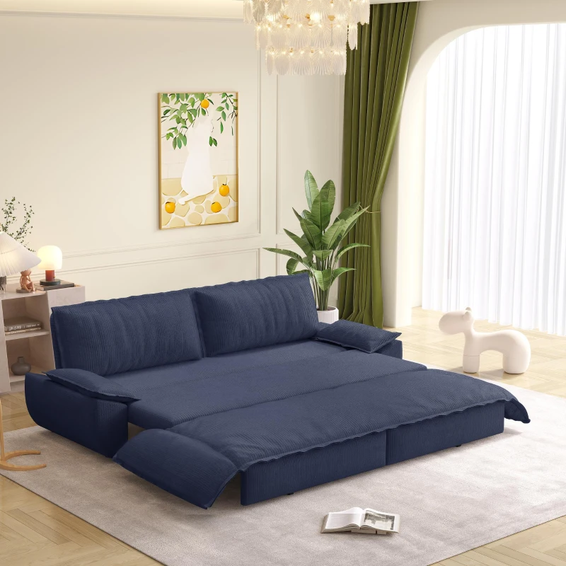 Modern Queen 3-in-1 Sleeper Sofa with Soft Corduroy Upholstery, Versatile Loveseat Bed with Pull-Out Frame, 73'' L x 33" W x 36" H, Blue
