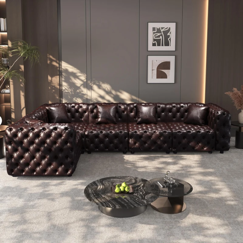 Stately Faux Leather L-Shaped Sofa with Button Tufting, Generous Modular 5-Seater Couch for Living Room, 132.5'' L x 75"W x 29" H, Dark Brown