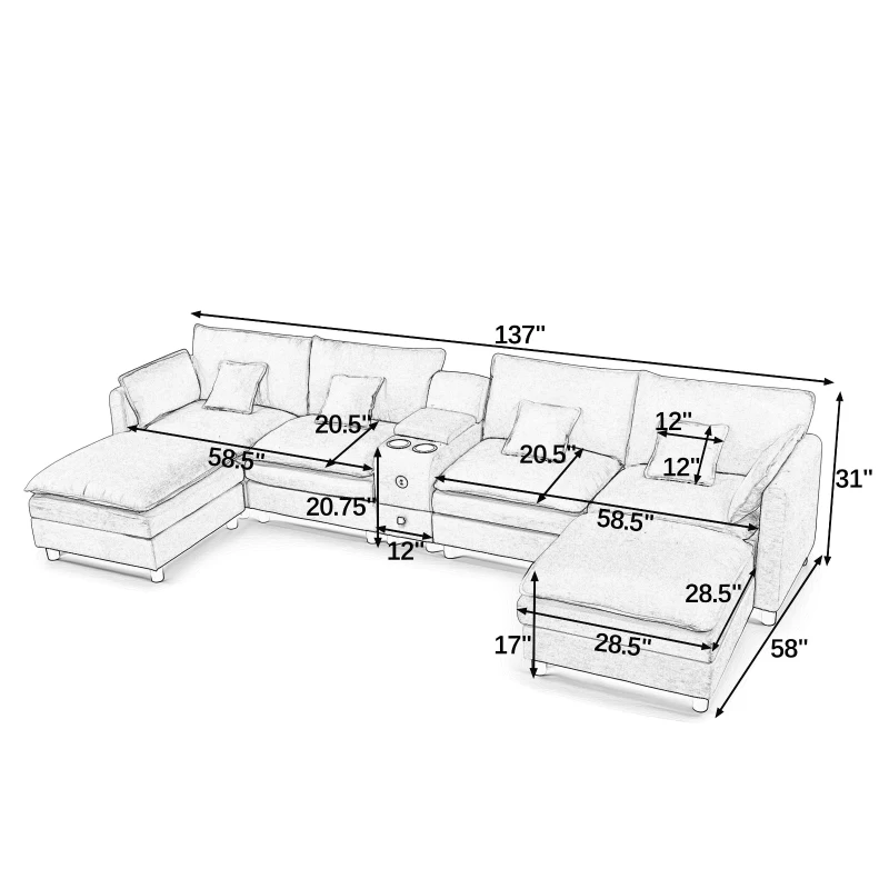 Modern L-Shaped Sectional with Reversible Chaise and USB Port, Chic Sofa with Storage Drawer and Cup Holder, 137'' L x 58" W x 31" H, Black