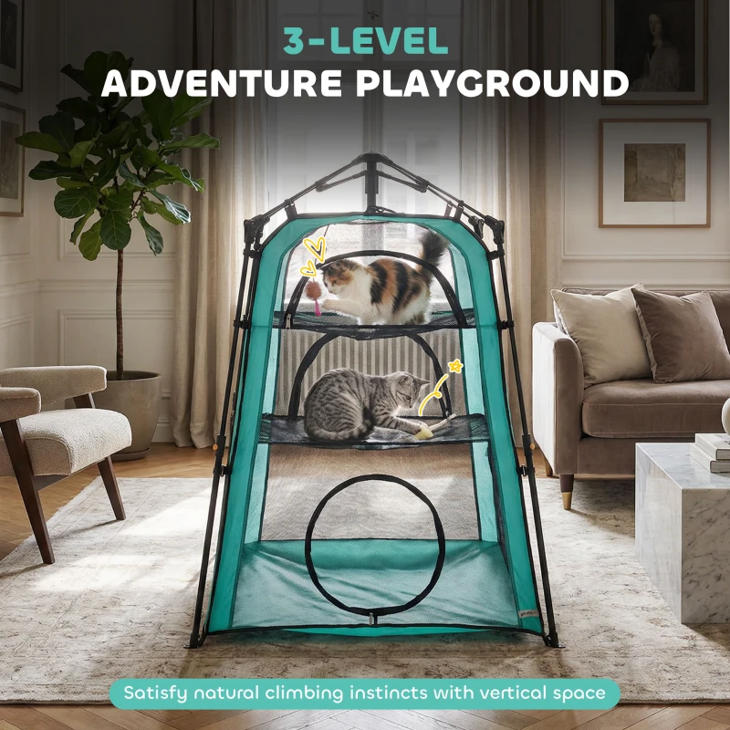 PawHut Catio Outdoor Cat Enclosure, 3-Tier Pop Up Cat Tent with Multi-Door Design, Breathable Mesh & Carry Bag, Green