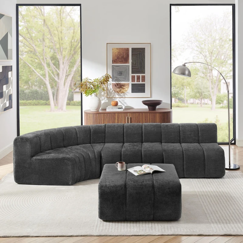Modern Semi-Curved Modular Sectional Sofa with Movable Ottoman, Cozy Stitched Chenille Couch for Living Room, 116.5'' L x 76"W x 25.5" H, Black