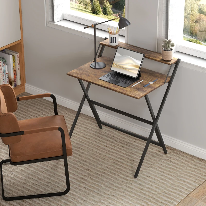 HOMCOM Folding Computer Desk, 32" Foldable Desk with Monitor Shelf for Small Space, Home Office, Easy Assembly, Rustic Brown