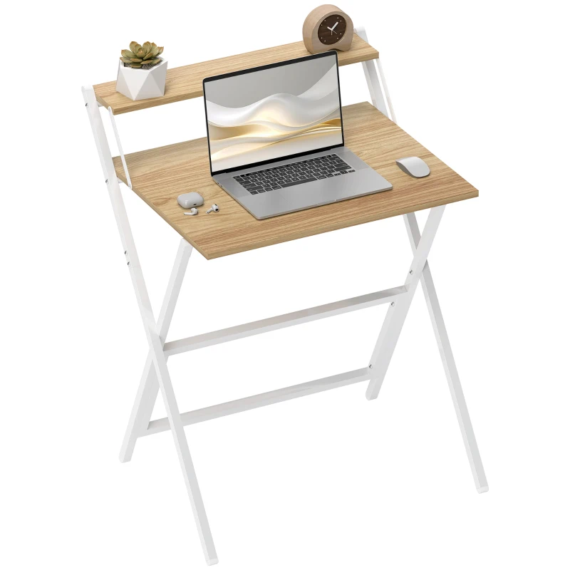 HOMCOM Folding Computer Desk, 27.6" Foldable Desk with Monitor Shelf for Small Space, Home Office, Easy Assembly, Natural Wood