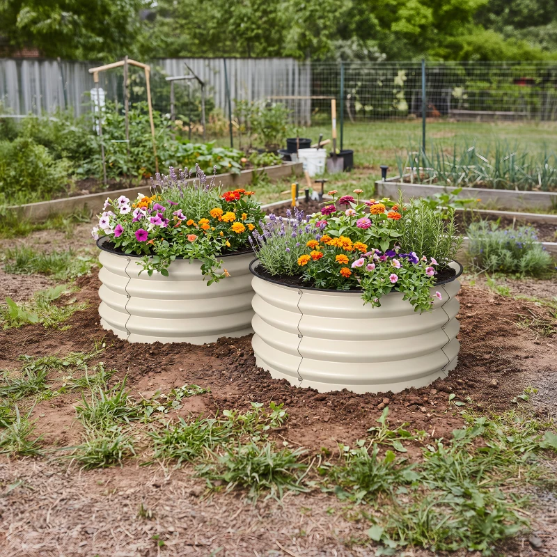 Outsunny Set of 2 Raised Garden Bed, Metal Planter Box with Safety Edging, Easy-to-assemble Stock Tank, Cream