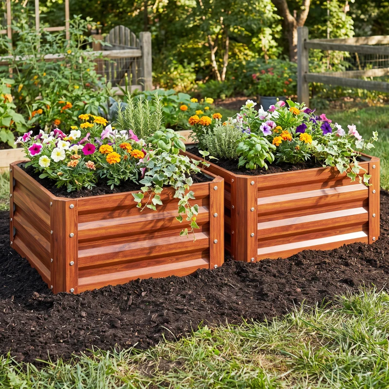 Outsunny 2 Piece Galvanized Raised Garden Bed, 2' x 2' x 1' Metal Planter Box for Growing Vegetables, Flowers, Herbs, Succulents, Brown