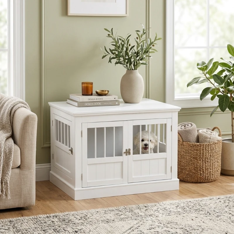 PawHut Wooden Dog Crate End Table, Dog Crate Furniture with Triple Doors, Puppy Crate for Small Dogs Indoor Use, White