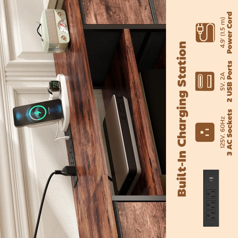 HOMCOM TV Stand for TVs up to 70 Inch, Industrial TV Console with Charging Station, 5 Drawers and Open Shelves, Rustic Brown
