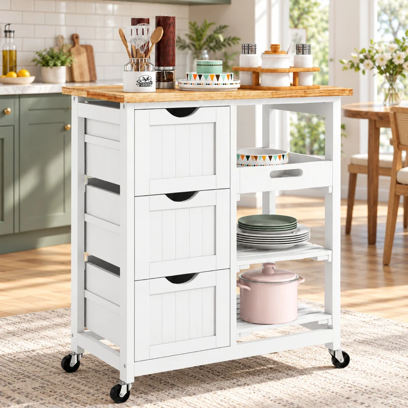 HOMCOM Rolling Kitchen Cart, Kitchen Island with Wood Top, Shelves & Drawers for Dining Area, White