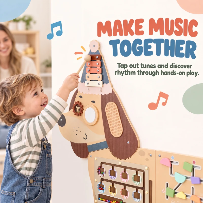 Qaba Wooden Wall Busy Board, Montessori Sensory Wall Panel Dachshund-Shaped for Playroom, Educational Toys for Toddler