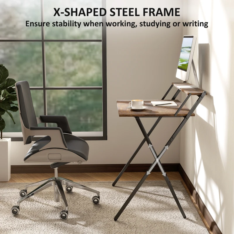 HOMCOM Folding Computer Desk, 32" Foldable Desk with Monitor Shelf for Small Space, Home Office, Easy Assembly, Rustic Brown