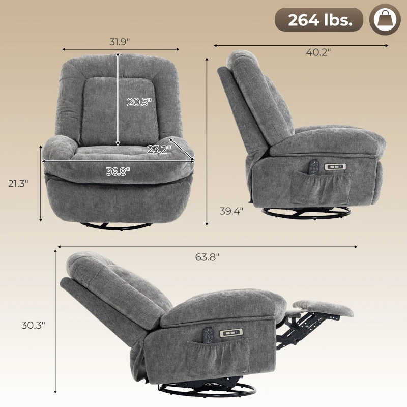 HOMCOM Oversized Power Recliner Chair with Massage and Heat, USB Port, Overstuffed Chenille Swivel Rocker Recliner, Gray
