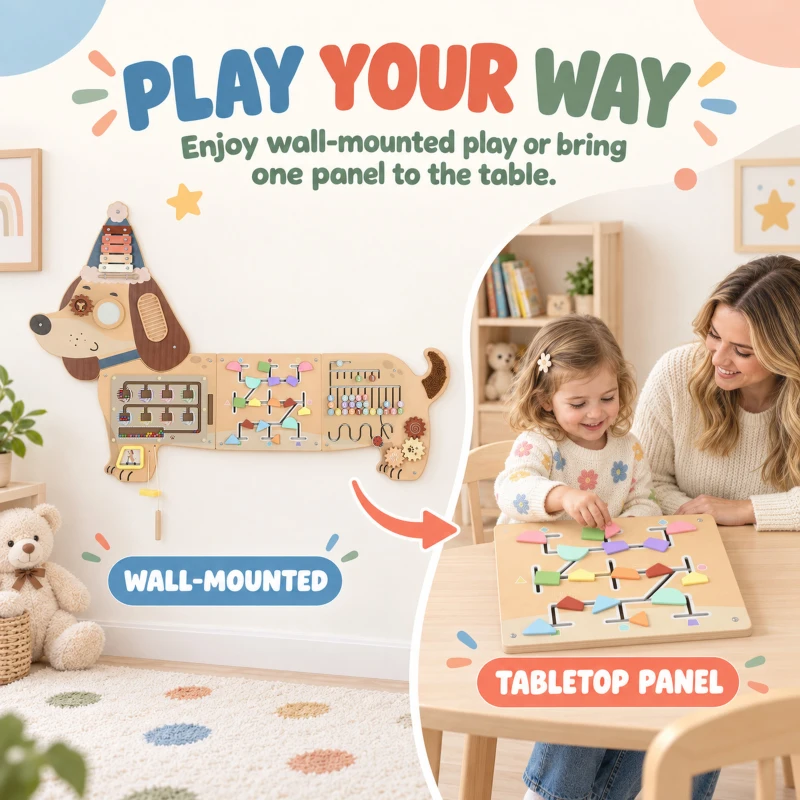 Qaba Wooden Wall Busy Board, Montessori Sensory Wall Panel Dachshund-Shaped for Playroom, Educational Toys for Toddler
