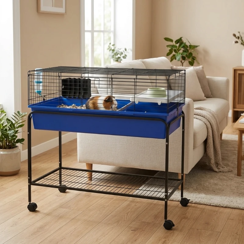 PawHut Two-Story Small Animal Cage Removable from Stand, Pet Habitat with Shelf & Wheels, 39" x 20.5" x 36.5", Blue