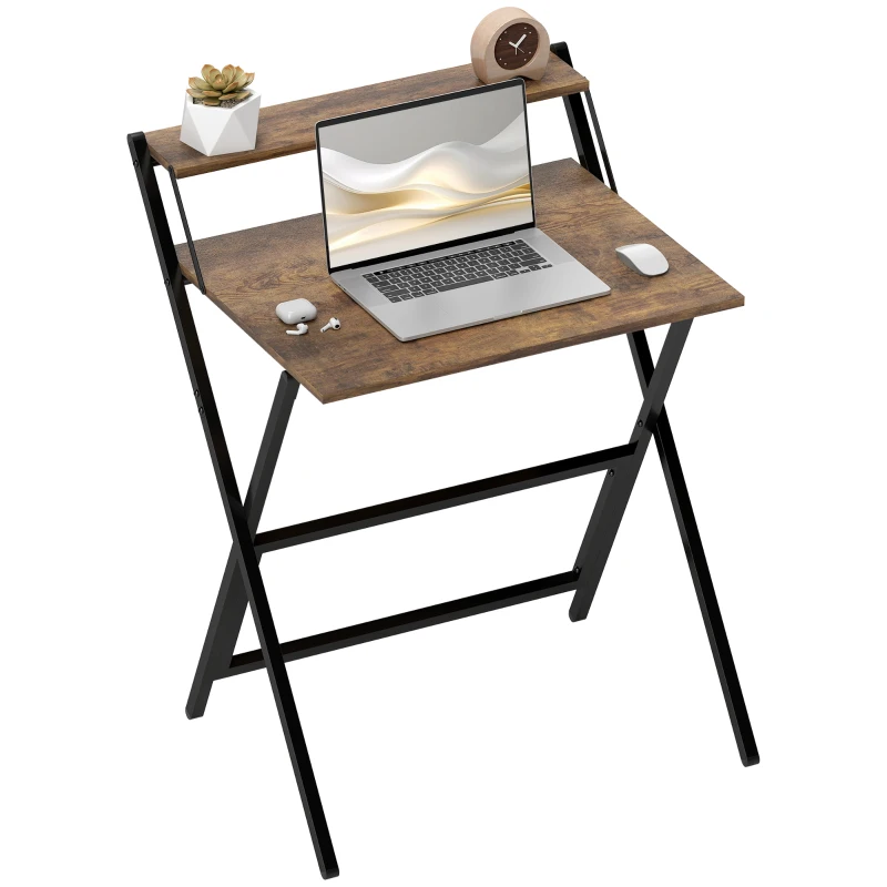 HOMCOM Folding Computer Desk, 27.6" Foldable Desk with Monitor Shelf for Small Space, Home Office, Easy Assembly, Rustic Brown