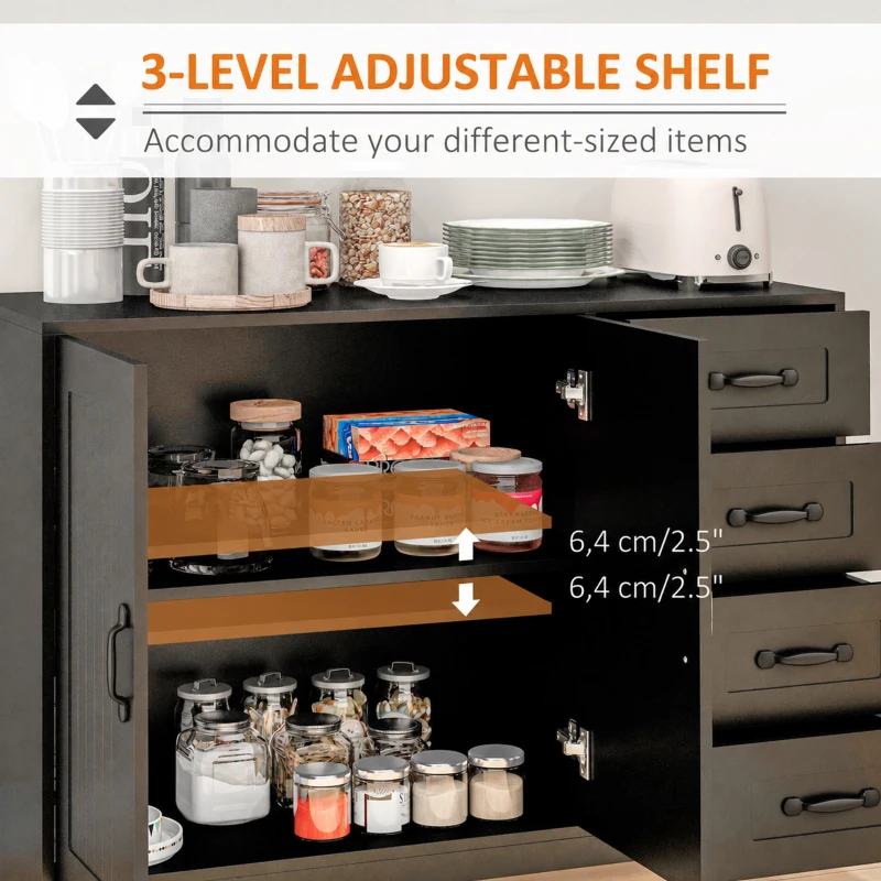 HOMCOM Modern Sideboard Buffet Cabinet with 4 Drawers and 2 Beadboard Doors, Kitchen Storage Cabinet, Black