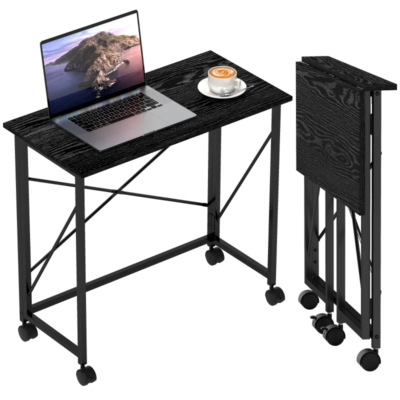 HOMCOM 31.5" Home Office Desk, Folding Desk with Wheels for Small Space, Easy Assembly for Home Office, Black Wood Effect