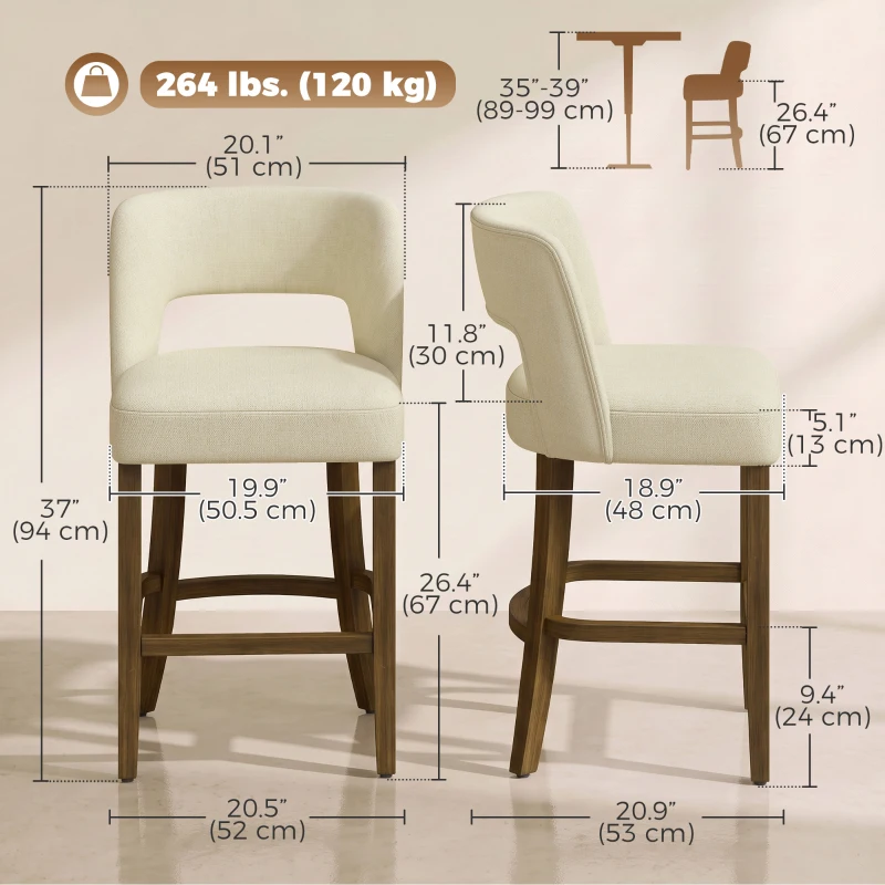 HOMCOM Bar Stools Set of 2, 26" Counter Height Stools with Curved Backrest, Footrest, for Kitchen Island, Dining Room, Beige