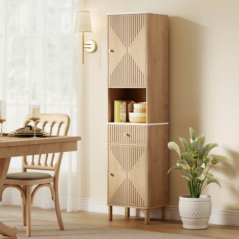 HOMCOM 66" Tall Bathroom Cabinet, Freestanding Slim Bathroom Storage Cabinet with Silent-Glide Drawer, Adjustable Shelves, Oak