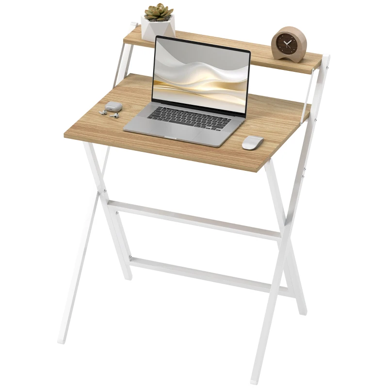 HOMCOM Folding Computer Desk, 27.6" Foldable Desk with Monitor Shelf for Small Space, Home Office, Easy Assembly, Natural Wood