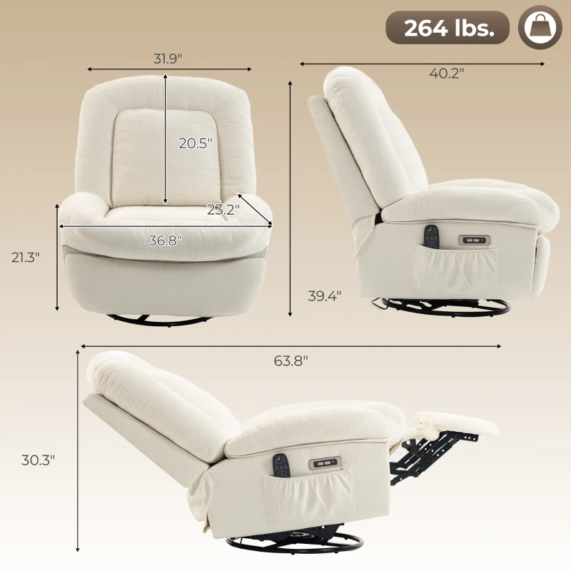 HOMCOM Oversized Power Recliner Chair with Massage and Heat, USB Port, Overstuffed Chenille Swivel Rocker Recliner, Cream White