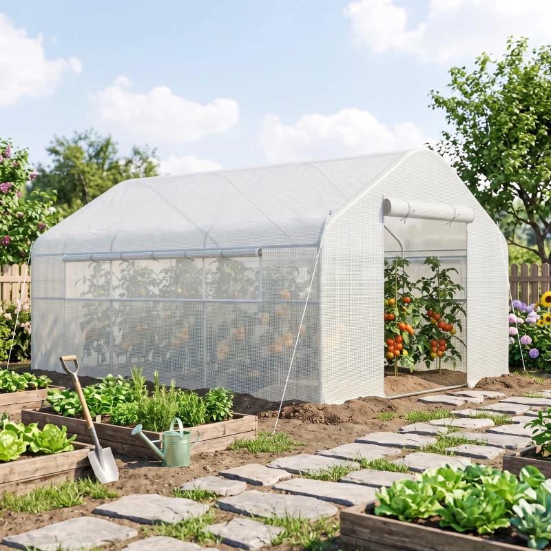 Outsunny 13' x 10' x 6.5' Tunnel Greenhouse Hoop House with Upgraded Galvanized Steel Frame and Large Windows, White