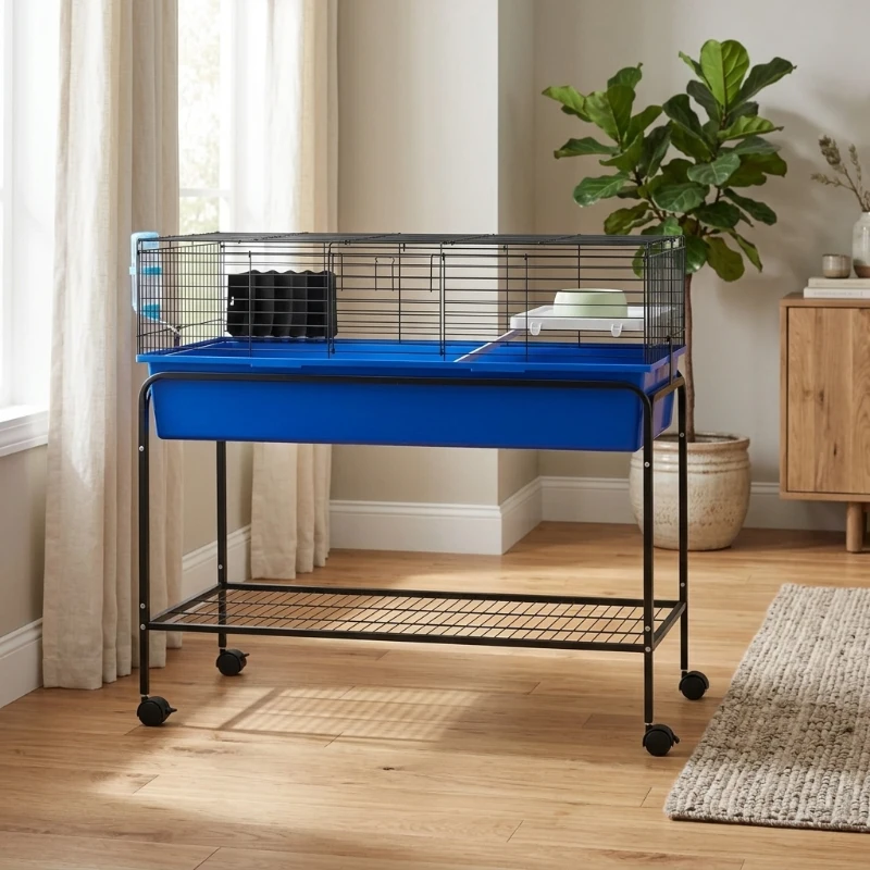 PawHut Two-Story Small Animal Cage Removable from Stand, Pet Habitat with Shelf & Wheels, 39" x 20.5" x 36.5", Blue