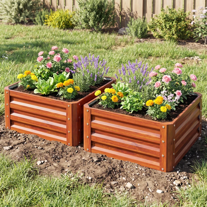 Outsunny 2 Piece Galvanized Raised Garden Bed, 2' x 2' x 1' Metal Planter Box for Growing Vegetables, Flowers, Herbs, Succulents, Brown
