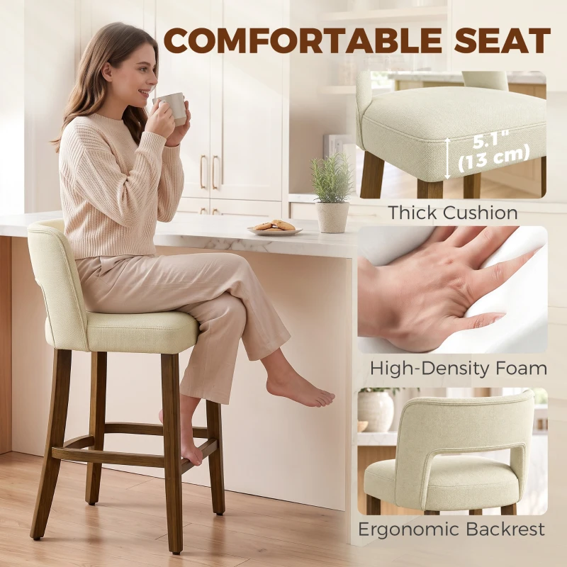 HOMCOM Bar Stools Set of 2, 26" Counter Height Stools with Curved Backrest, Footrest, for Kitchen Island, Dining Room, Beige